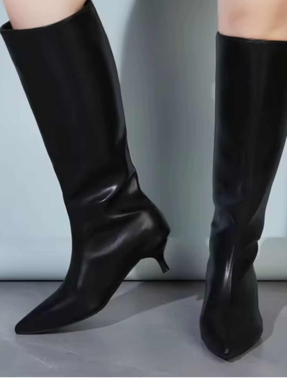 Black Pointed-Toe Knee-High Kitten Heel Boots